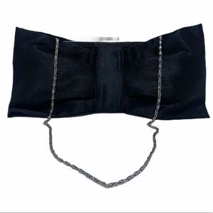 Black Satin Evening Clutch Bag with Thin Silvertone Shoulder Chain Strap